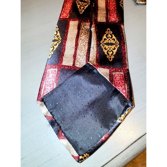 DeSantis Collection Men's Neck Tie Silk Hand Made In Italy Black Red Gold - Picture 5 of 6